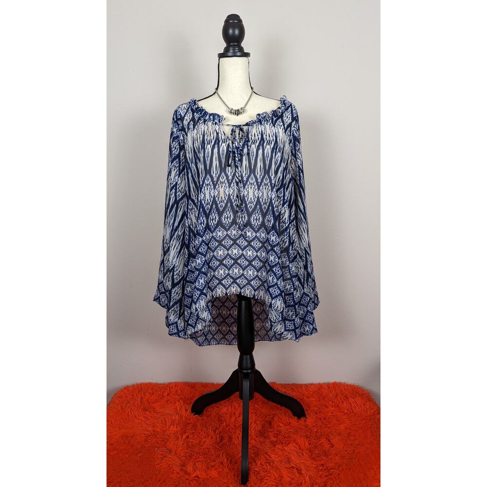 2tee Couture Blue White Sheer Boho Ruffle Tie Neck Wide Sleeve High Low Blouse S